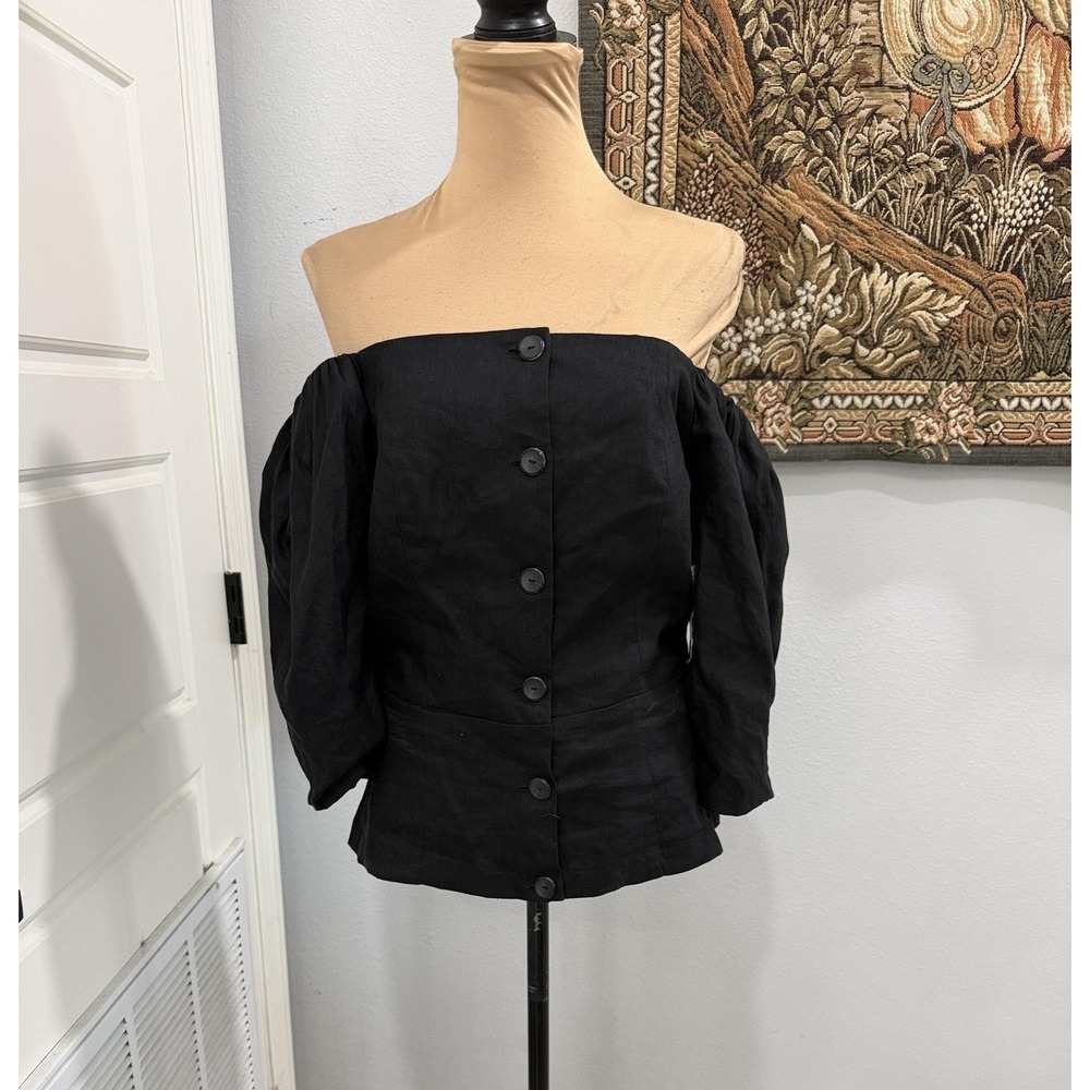 Antonio Melani Blouse Womens 10‎ Black Linen Off Shoulder Puff Sleeve Joslyn